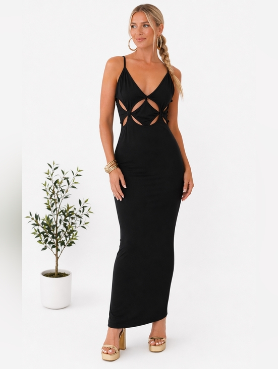 Dresses & Skirts - Black Cutout Maxi Dress - Sleek Evening Slip